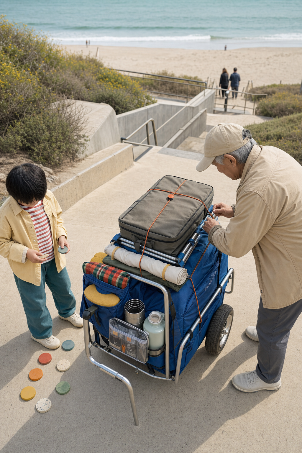 An elder and child inventory a tightly packed blue handcart using reusable ties and colored ceramic tokens.