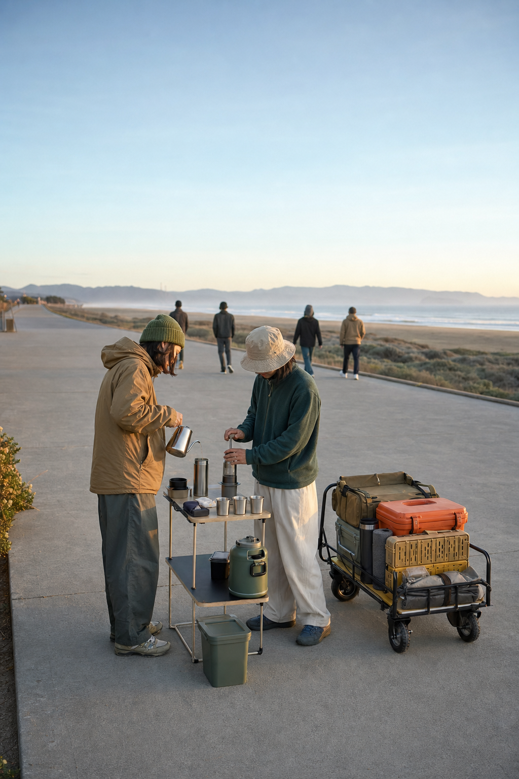 Two people make manual coffee from already-hot water beside a compact loaded cart on a clear coastal path.