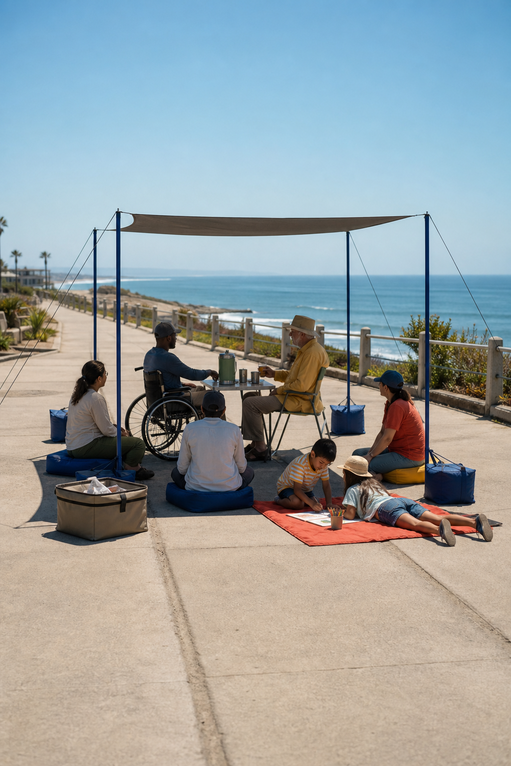 A compact shade, table, low seats, blanket, and water station make a social room on a firm coastal hardscape.