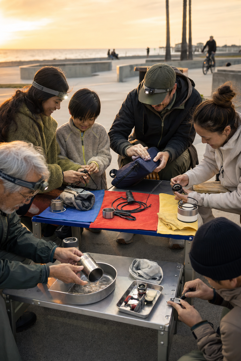 Adults, an elder, and a child clean cups and repair soft gear together under small rechargeable headlamps.