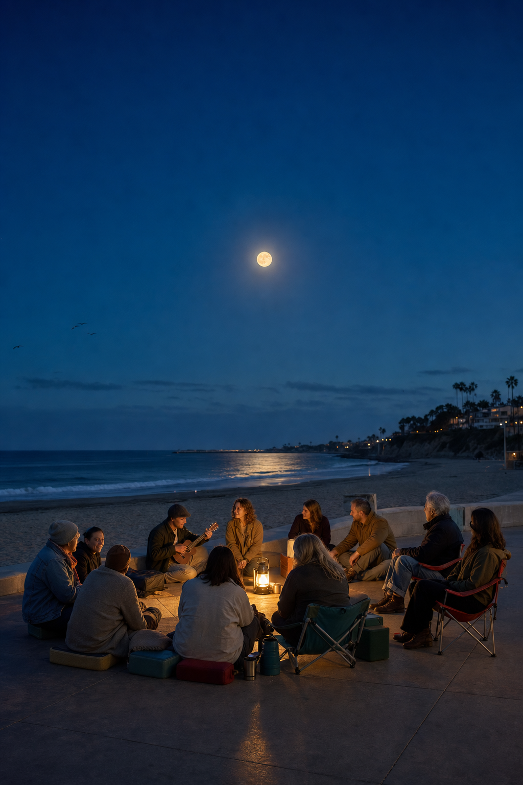 A small circle gathers under the moon with one warm low lantern and an unamplified instrument.