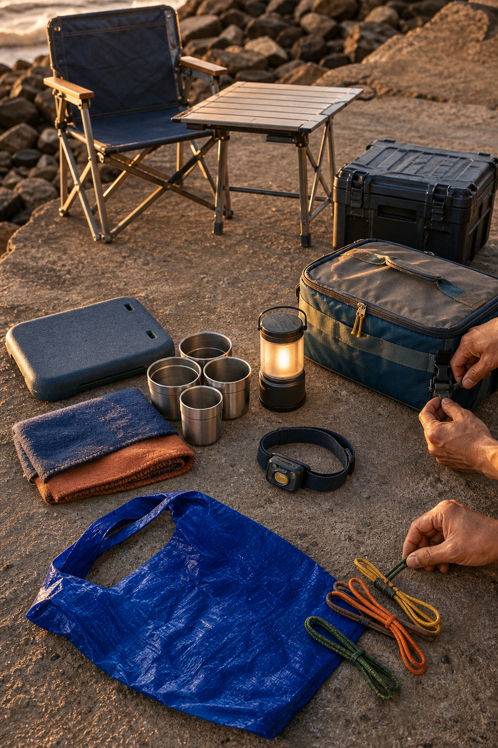 A golden-hour still life compares inexpensive carry gear, mid-price utility objects, and long-life chairs and storage.