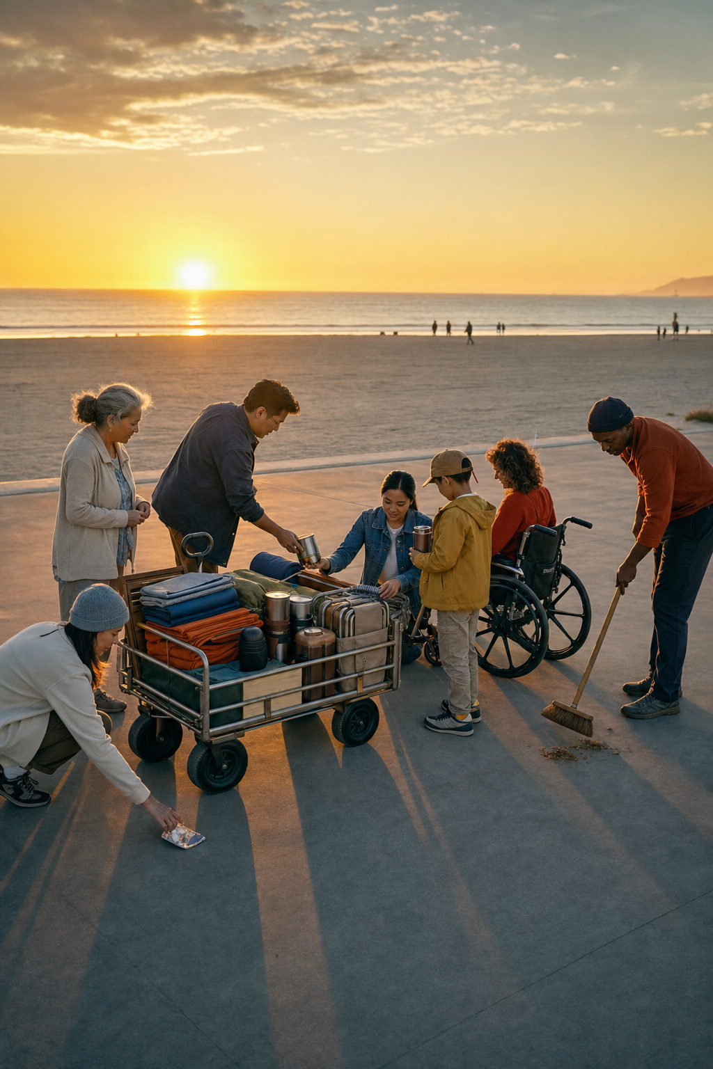 At sunset a group inventories one packed handcart and cleans the public ground before departure.