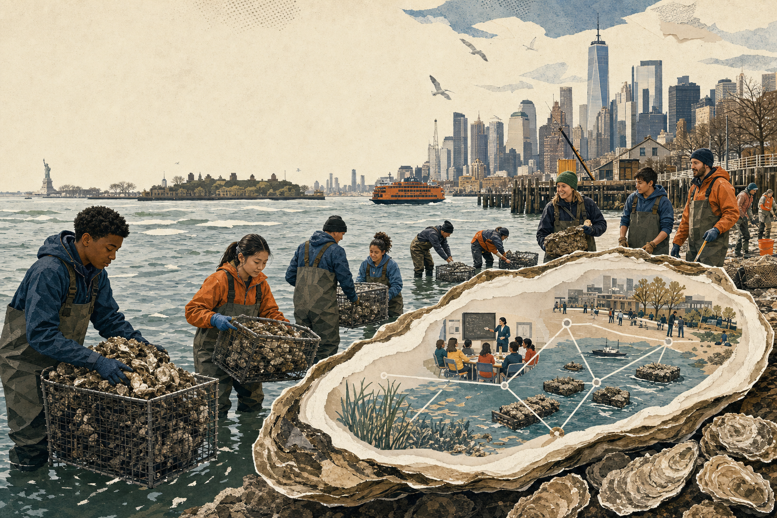 Students and volunteers work around a giant oyster-shaped civic map of New York Harbor in an editorial cut-paper illustration.