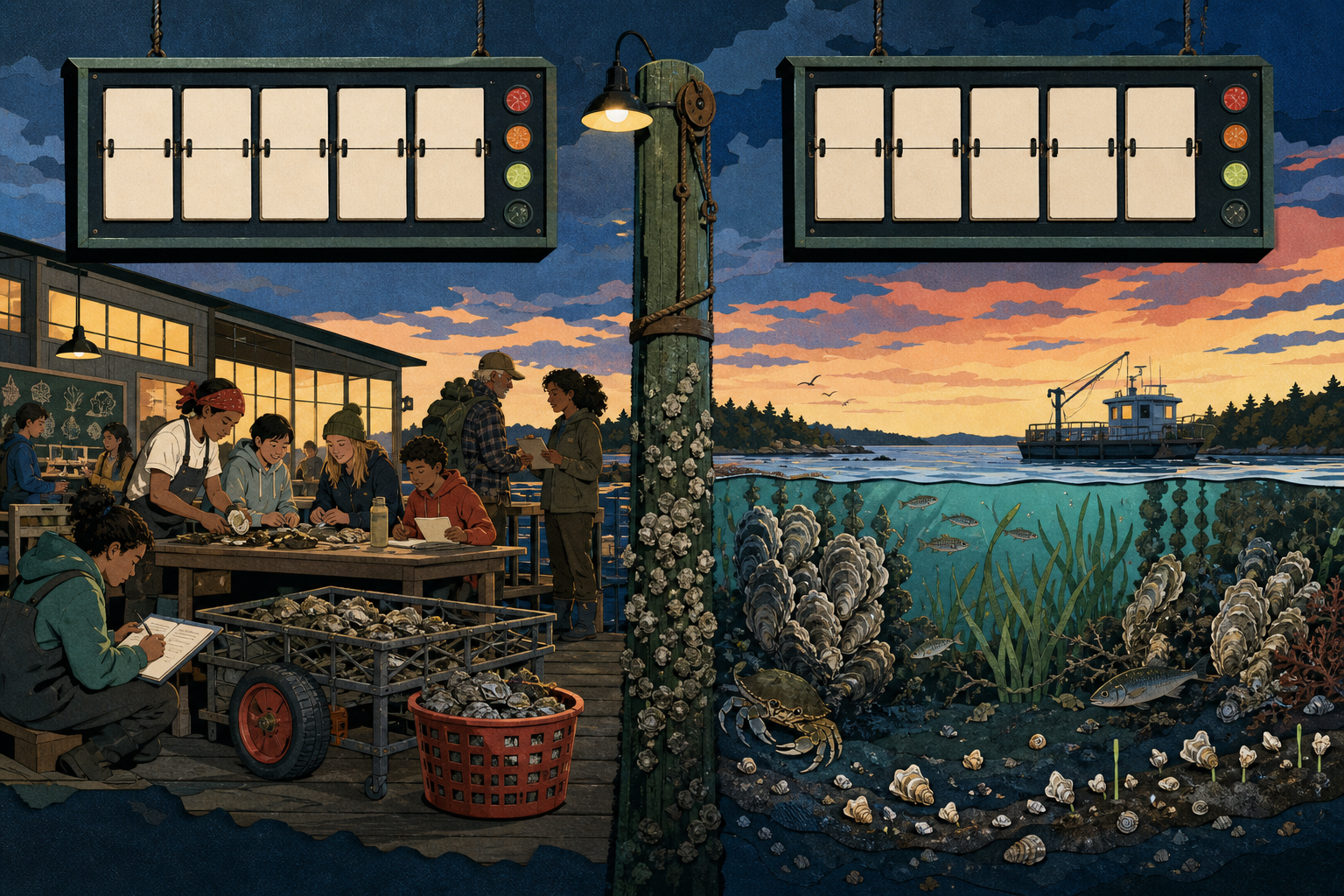 Two illustrated scoreboards divide civic participation and living reef outcomes while people and marine life gather below.