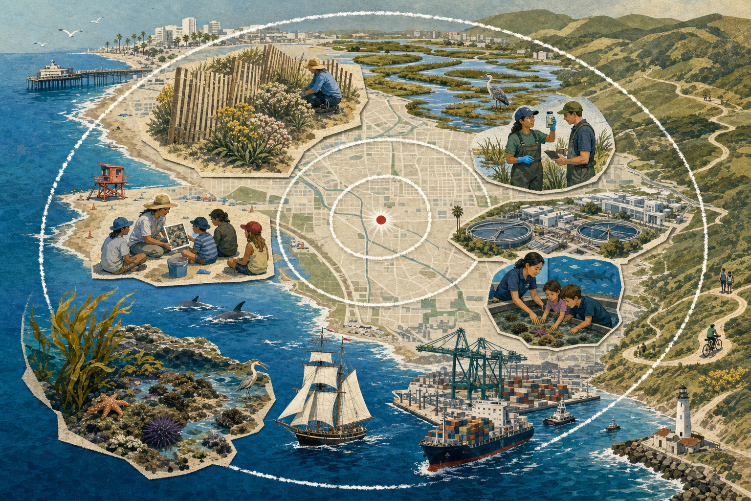 An illustrated coastal map radiates from El Segundo toward dunes, wetlands, an aquarium, a wastewater plant, water monitoring, and the working harbor.