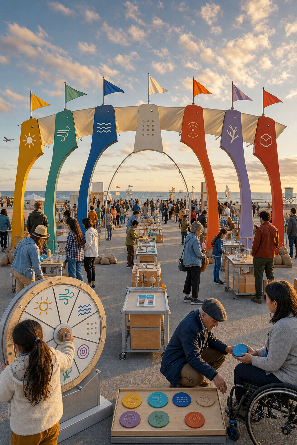 An illustrated public science fair beside the beach with seven colorful gateways