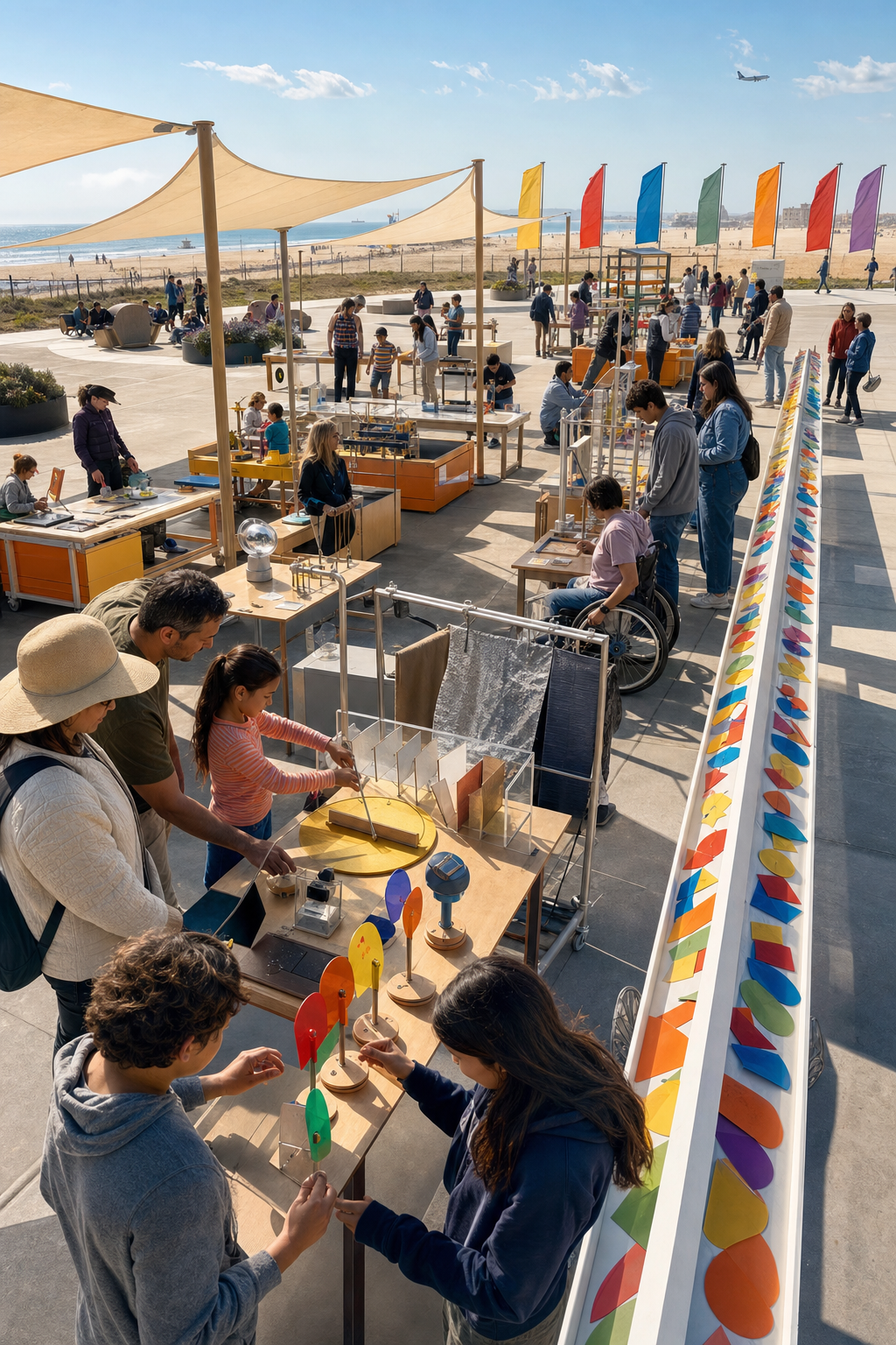 Families compare shadow, color, shade, and thermal apparatus along a broad accessible public route.