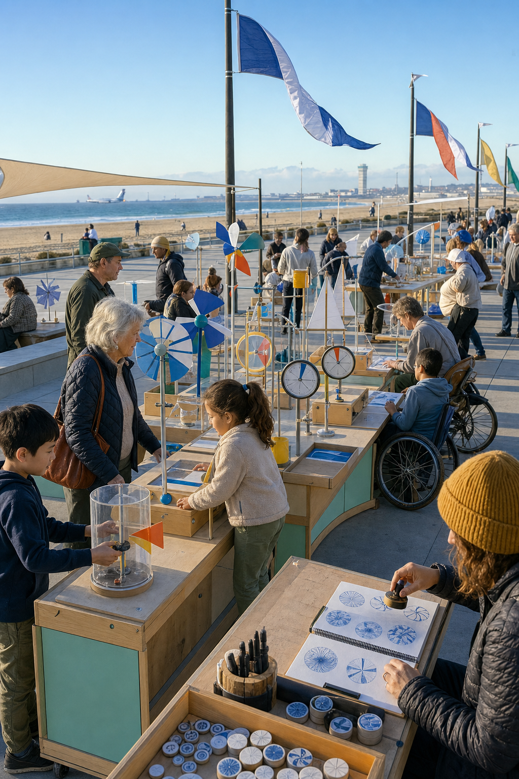 Visitors use contained wind vanes, mechanical dials, small sail forms, and pattern stamps.