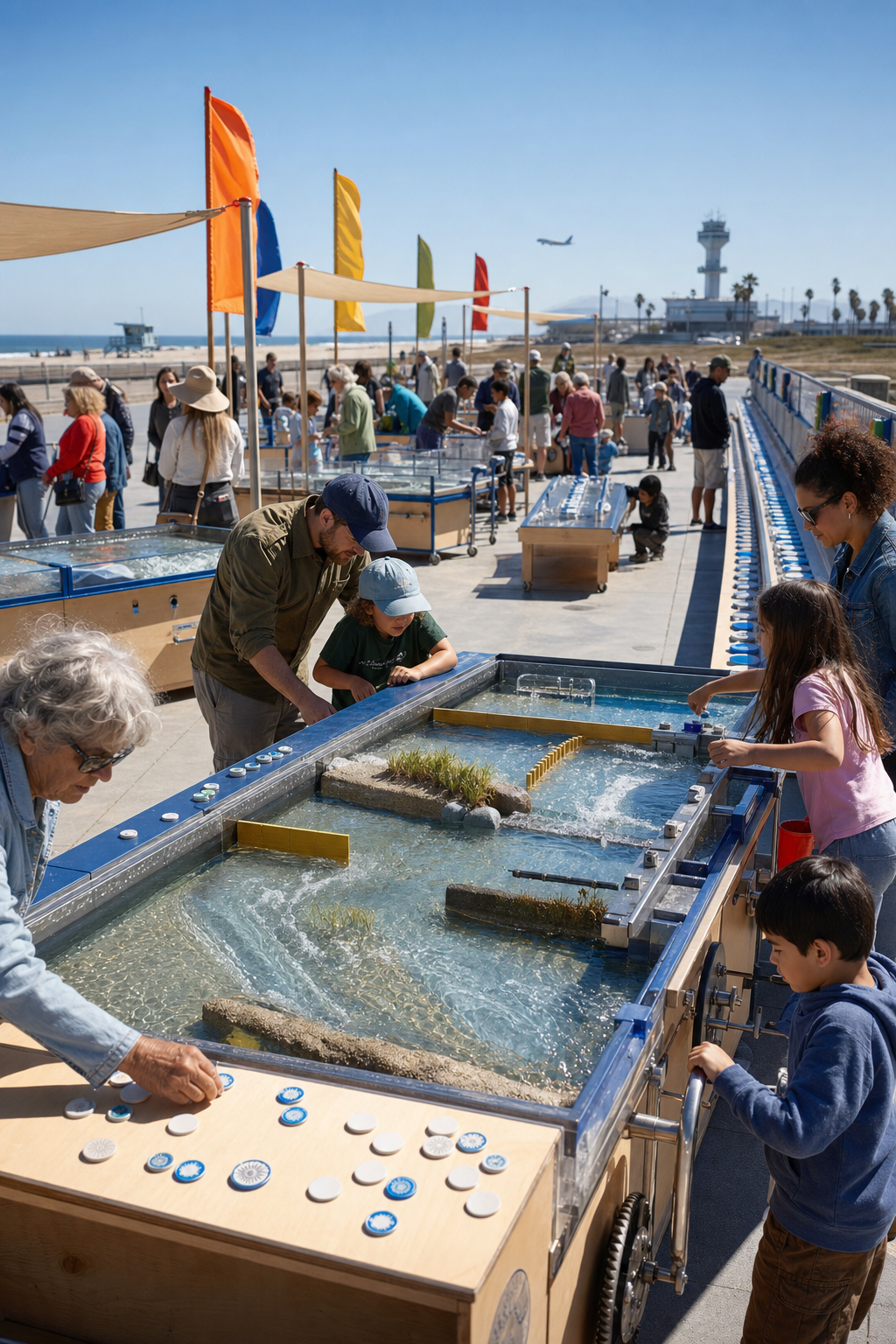 Children and adults operate closed freshwater wave models on stable tables while the distant ocean remains untouched.