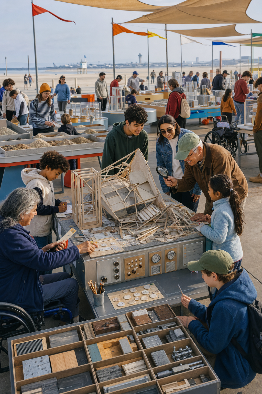 A mixed-age group examines a collapsed miniature structure beside contained material trays and a repair library.