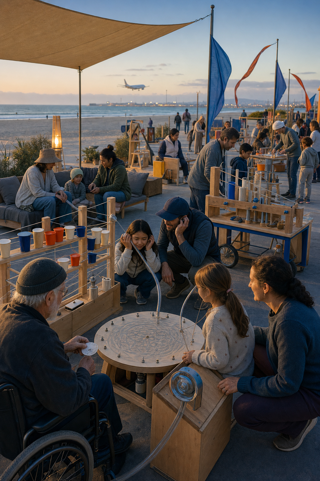 Visitors listen through tactile acoustic tubes and low-volume resonant instruments near a quiet rest area.