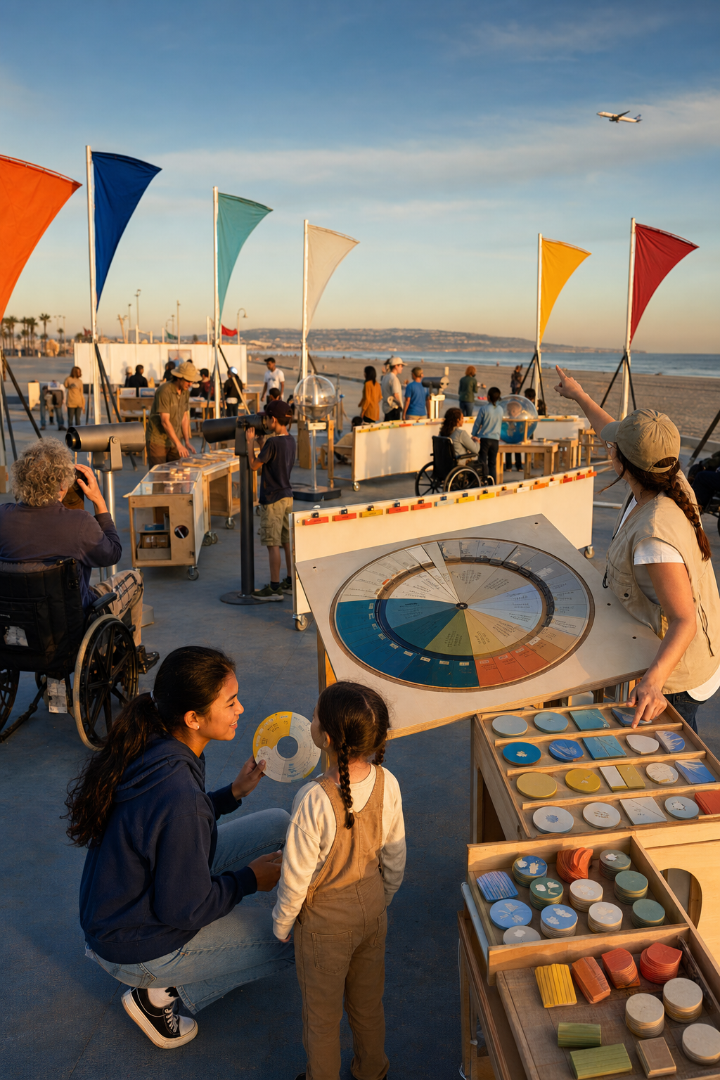 Visitors use fixed viewing scopes and an analog seasonal atlas to observe the sky and public landscape without collecting nature.