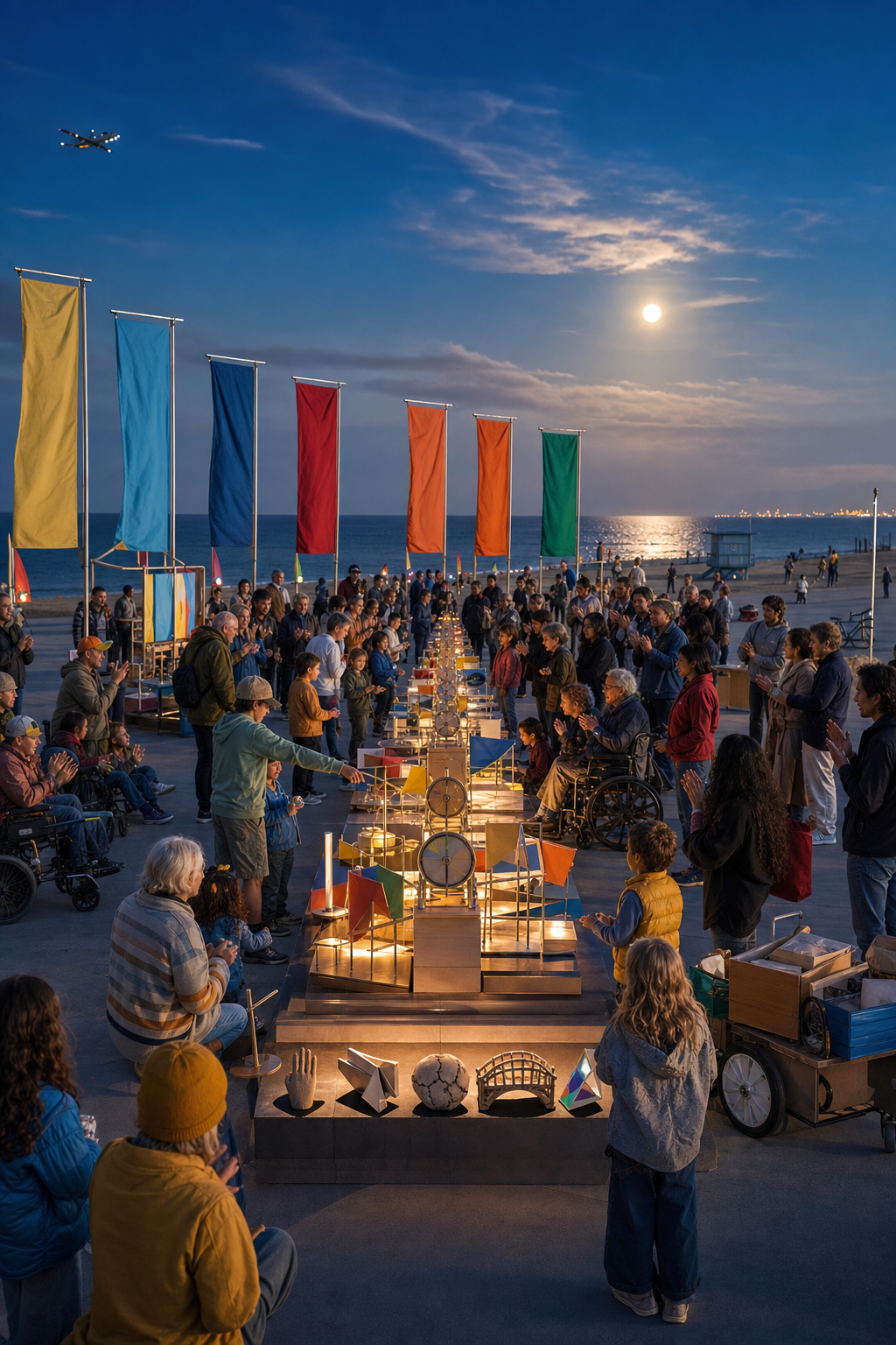 A large intergenerational crowd gathers around a warm low results theater under the moon as carts prepare to pack out.
