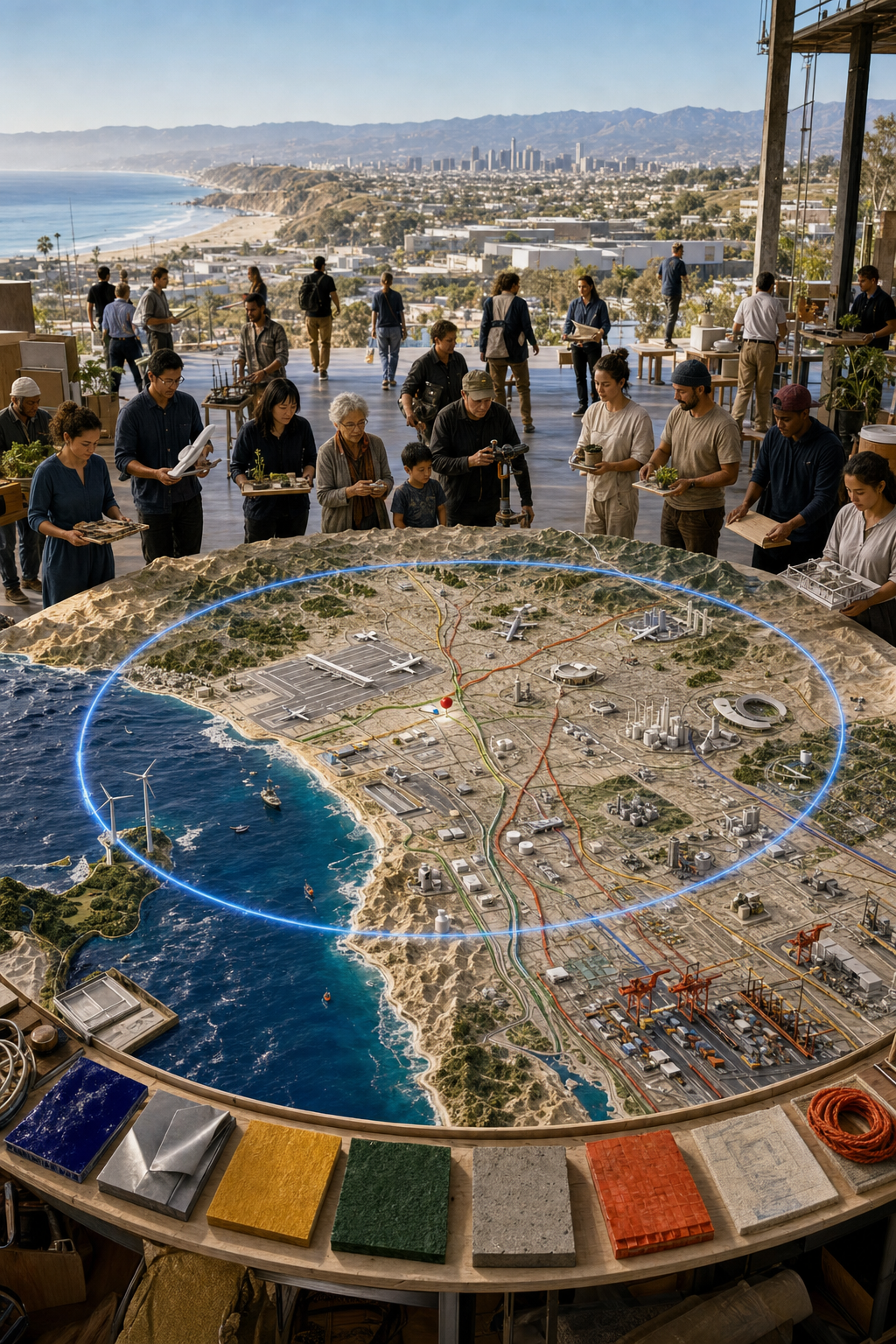 A circular physical relief map centered on El Segundo gathers regional makers around a glowing radius ring