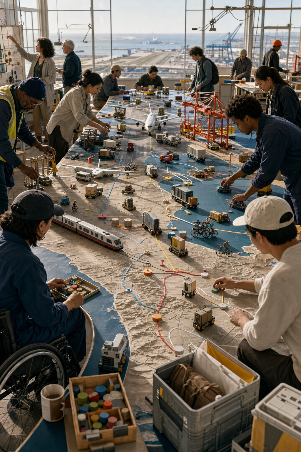 Airport and port workers use a tabletop logistics model to test public handoffs and reusable cases.
