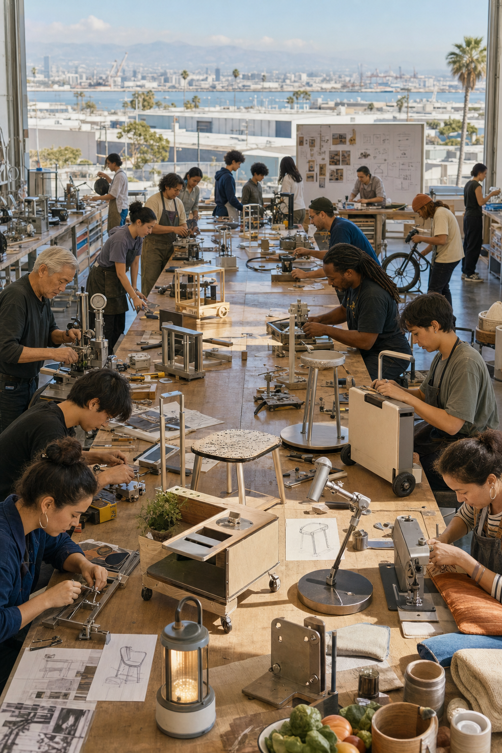 A long open workshop table supports apprentices and craftspeople building repairable public objects.