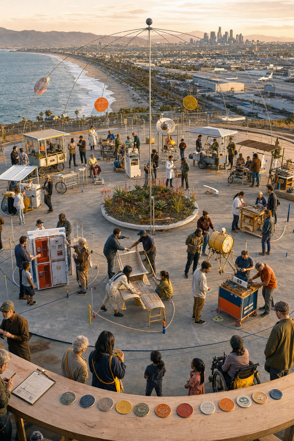 Twelve teams test different useful prototypes around a circular outdoor proof ground.