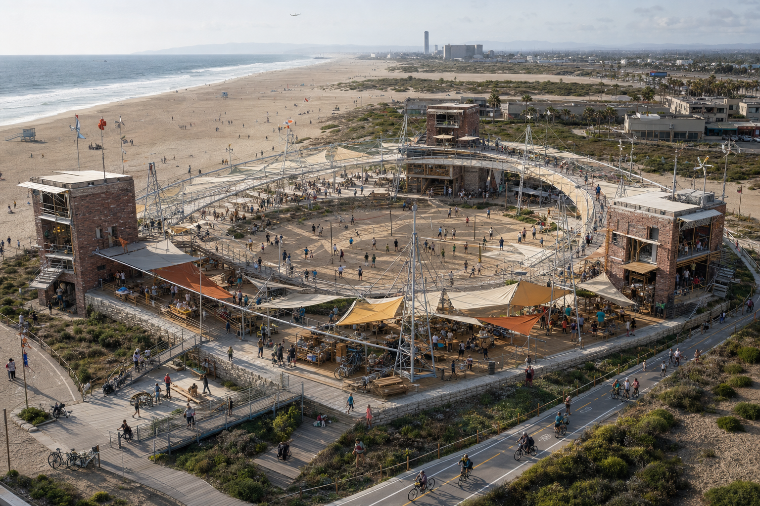 A large reversible beach canopy loops around shared games and community activity.