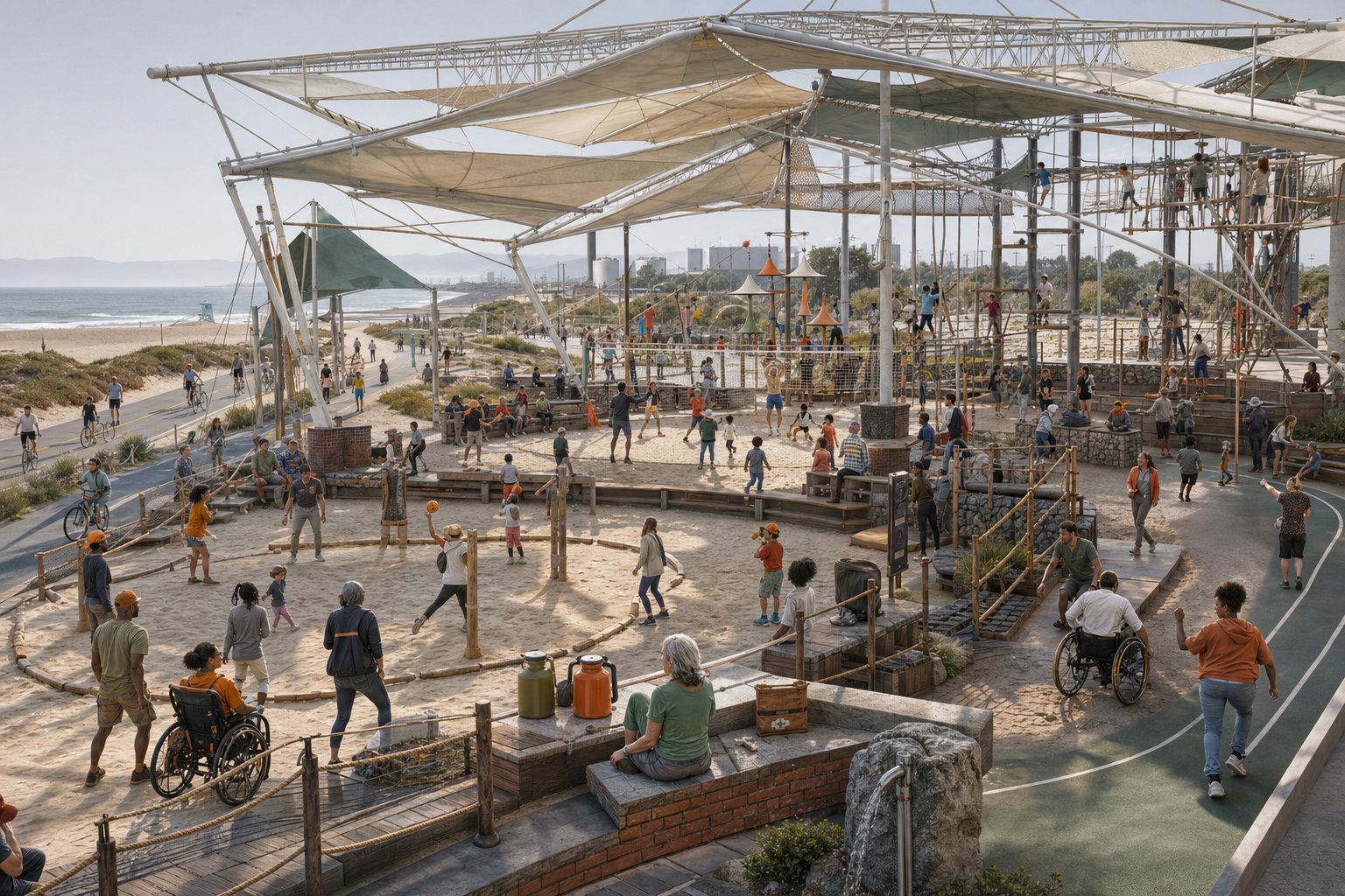 Inclusive cooperative beach games beneath a large tensile canopy with sand courts, rolling lanes, rope play, shaded spectators, drinking water, and people of many ages and abilities.