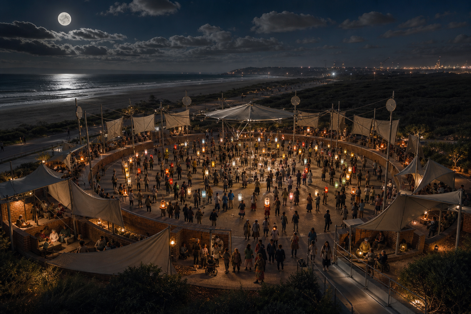 Full-moon gathering in a circular coastal court with silver canvas reflectors, low brick rooms, colorful lanterns, accessible paths, quiet alcoves, and ocean beyond.