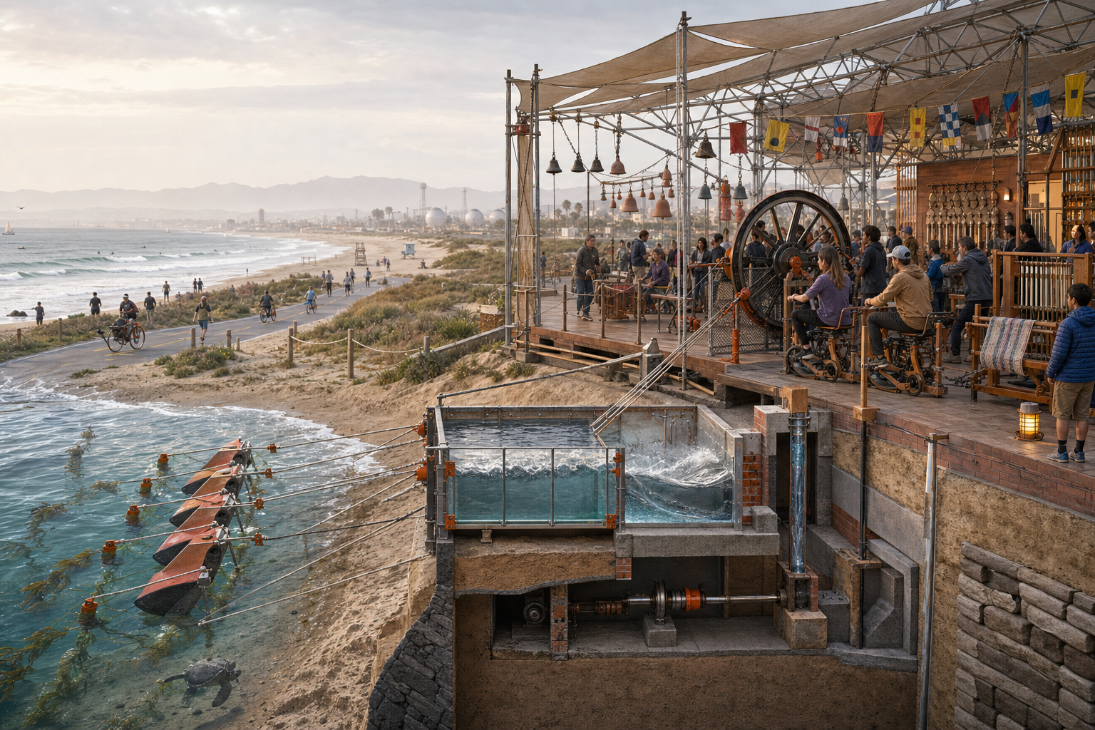 Architectural cutaway of removable wave paddles and a transparent water chamber connected to a beach energy hall where people pedal, crank a flywheel, lift water, ring bells, and weave fabric.