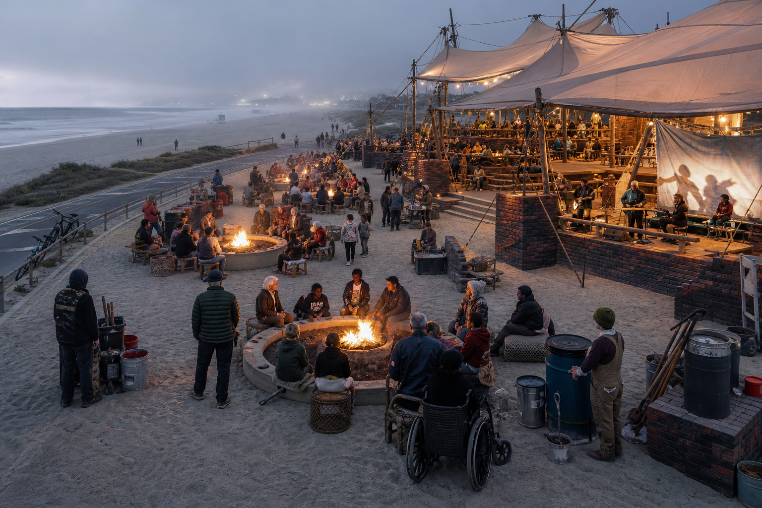 Twilight civic feast around multiple designated concrete beach fire rings with wide sand buffers, water barrels, stewards, tools, dining terraces, music, and shadow theater.