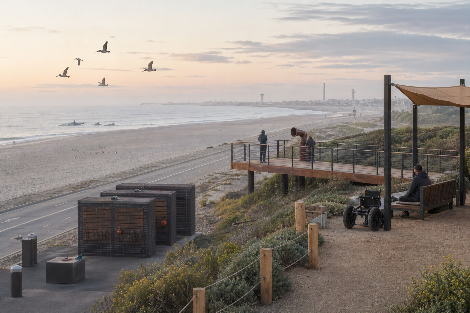 Quiet dawn beach with the commons folded into compact dark brick storage, protected dunes, distant shorebirds, pelicans overhead, dolphins offshore, and a few people observing from an accessible listening platform.