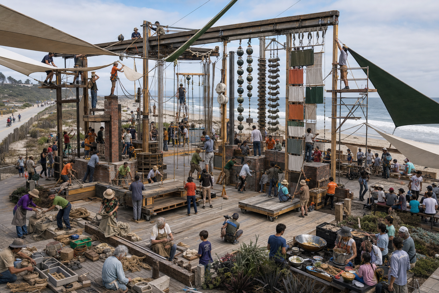 Large mixed-age community safely repairing a modular beach superstructure by tensioning ropes, patching canvas, testing pumps, tuning bells, moving deck cassettes, sorting parts, and sharing food.