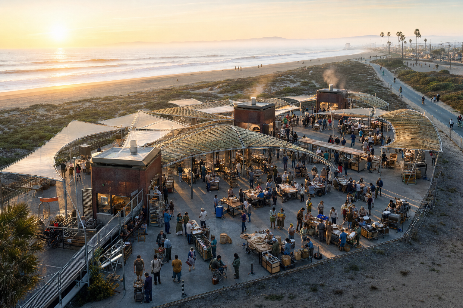 A temporary sunrise bakery gathers people around clean worktables near the beach.