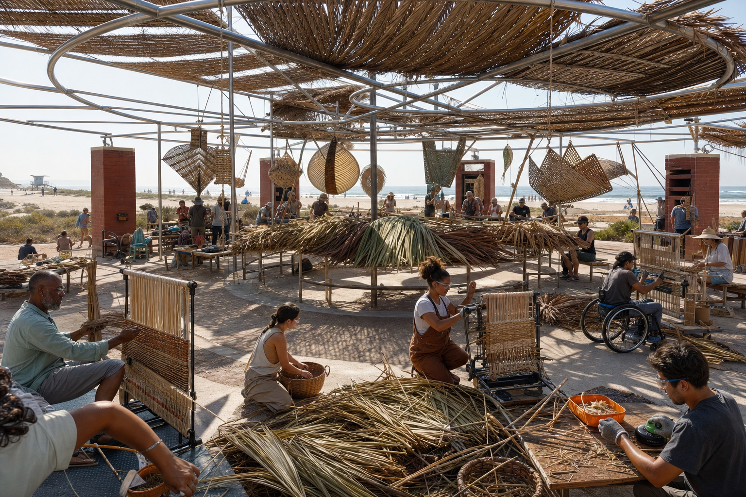 Mixed-age community weaving clean pre-collected palm material into shade, baskets, fans, mats, and sculptural panels at accessible looms beneath an aluminum frame.