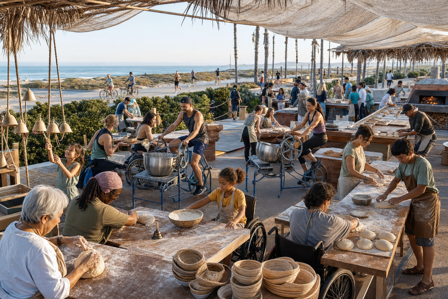 Inclusive cooperative bakery relay with handwashing, dough shaping, guarded pedal mixers, accessible worktables, ceramic timing bells, and the beach beyond.
