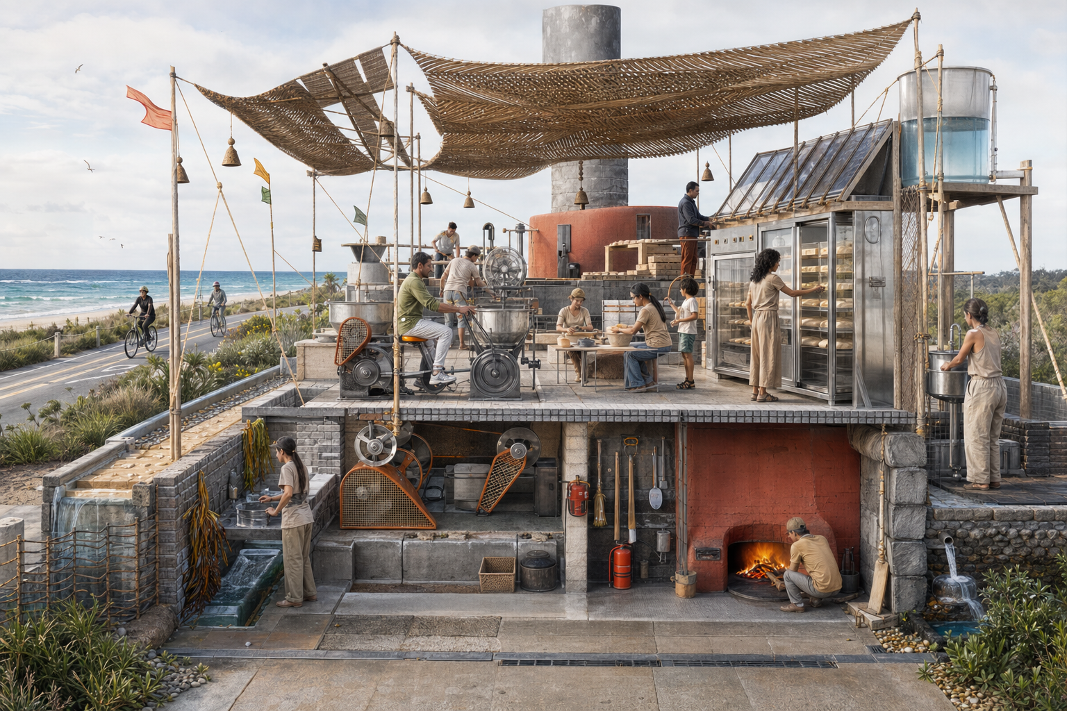 Architectural cutaway of a compact coastal bakery with solar-warmed proofing cabinets, pedal mixers, hand mills, a gravity water tank, woven shade, guarded heat, and drainage.