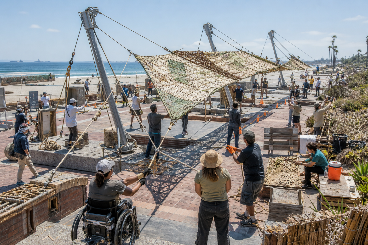 Teams safely raising and tensioning a large woven palm shade with ropes, guarded counterweights, braced masts, accessible controls, exclusion zones, and the ocean beyond.