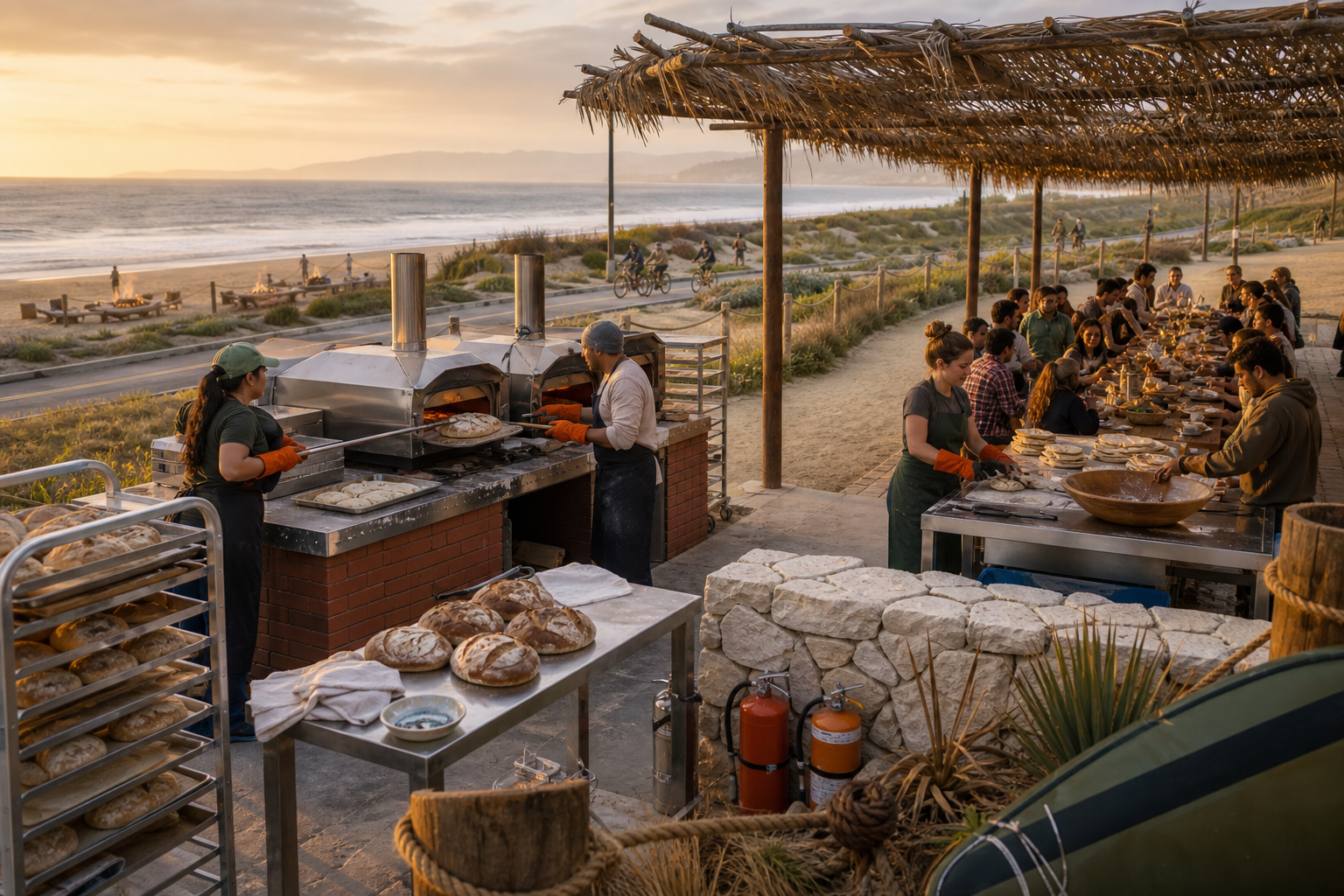 Late-afternoon mobile bakery on inland hardscape with compact deck ovens, cooling racks, bread, trained operators, extinguishers, woven shade, a communal table, and distant designated fire rings.