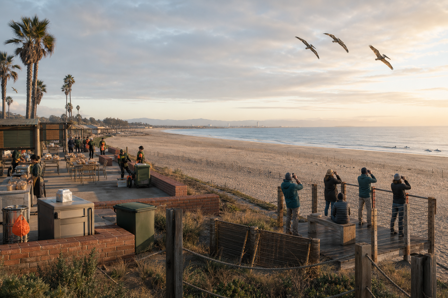 Quiet dawn beach with food activity and sealed bins far inland, a wide empty habitat buffer, distant shorebirds, pelicans overhead, dolphins offshore, and people observing from an accessible platform.
