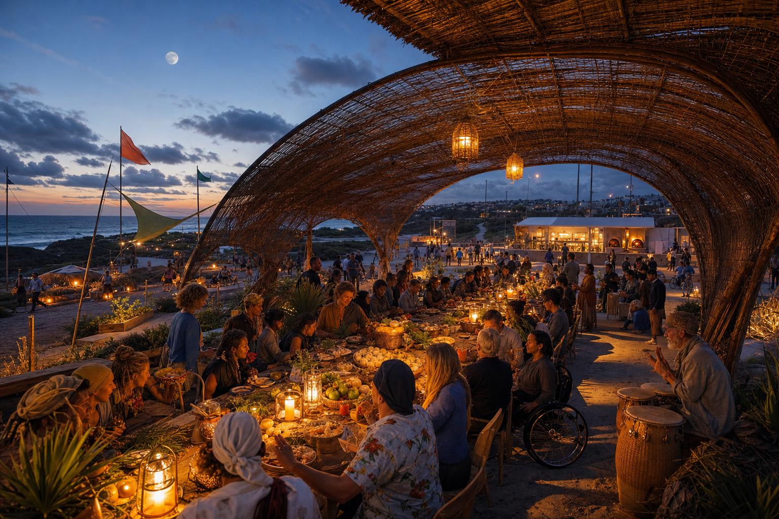 A moonlit communal feast beneath a monumental woven crescent canopy beside the Pacific