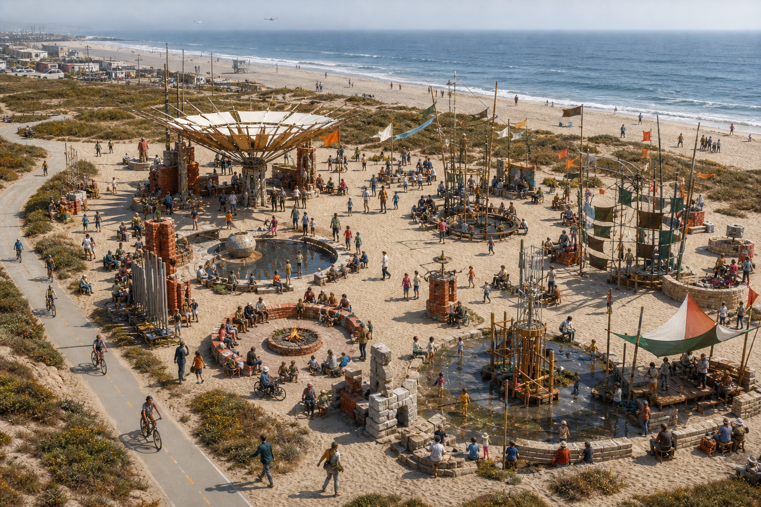 A coastal sculpture yard turns weather and natural elements into social instruments.