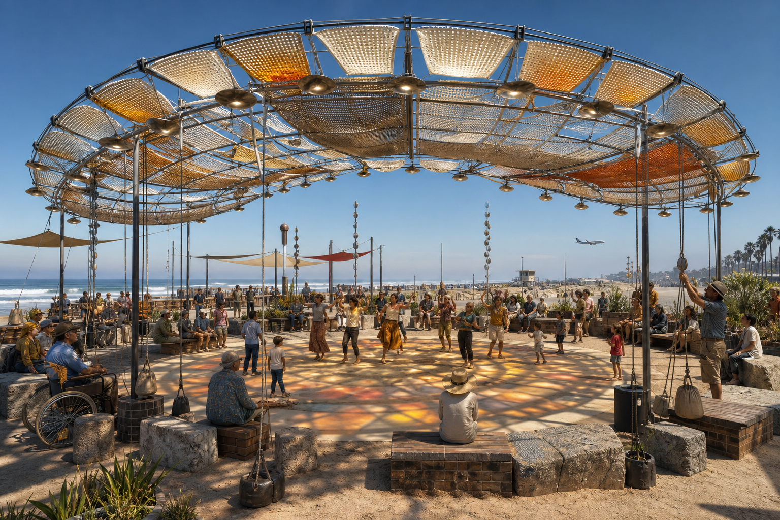 Circular woven sun sculpture casting warm patterned color and deep shade across an accessible public dance court with stone and brick seating.