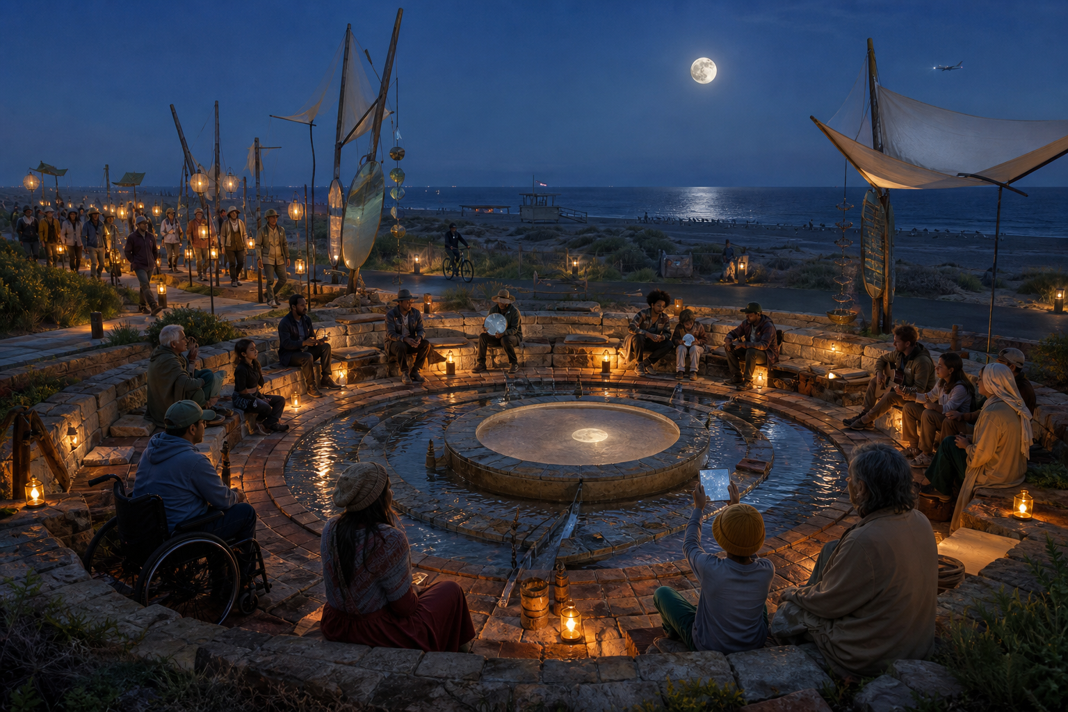 Blue-hour moon gathering around a shallow circular reflective basin with concentric accessible stone seating, shielded lanterns, pale sails, and the dark Pacific beyond.