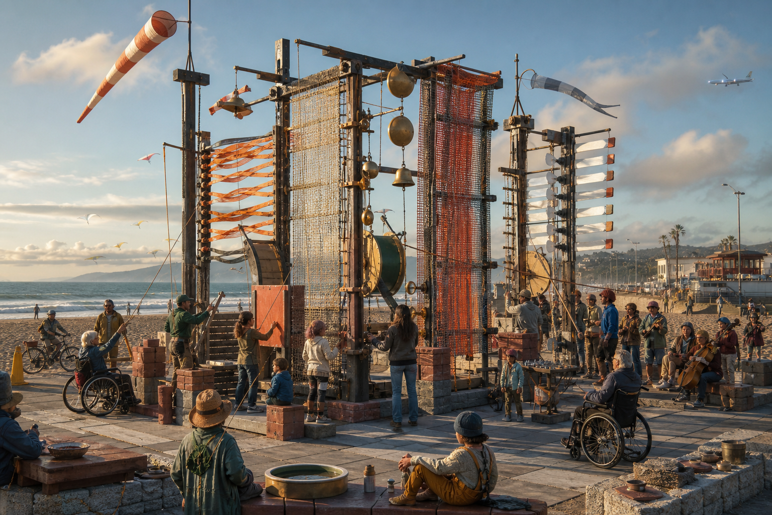 Tall braced coastal wind loom with woven ribbons, low-speed fins, bronze bells, accessible rope controls, wheelchair users, musicians, and public seating.