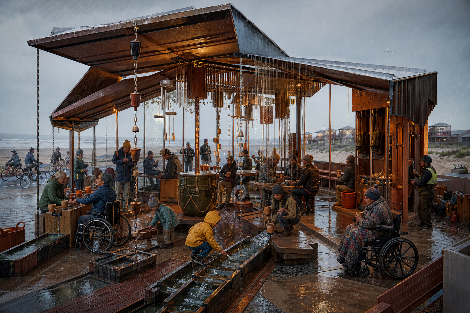 People sheltering beneath a folded metal rain pavilion where gutters, rain chains, ceramic cups, chimes, drums, channels, and safe drainage turn rainfall into music.