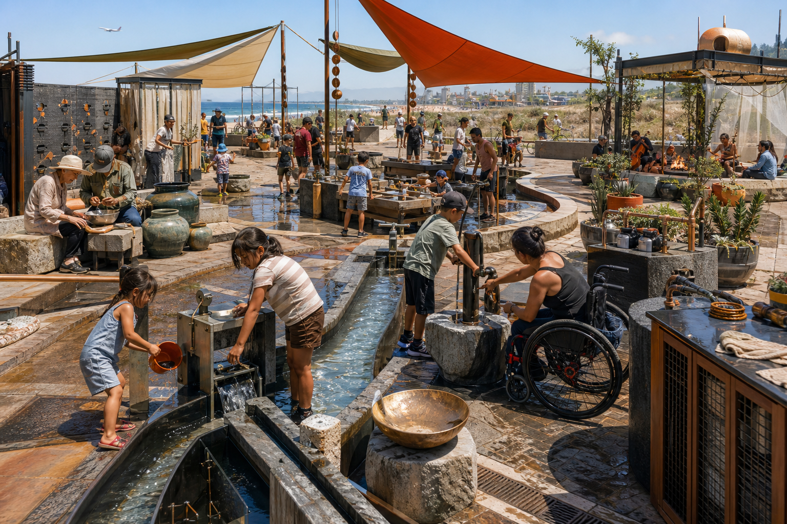 Sunny inclusive water court with a narrow recirculated channel, accessible hand pumps, shallow play tables, porous ceramic vessels, shade sails, drainage, and potted plants.