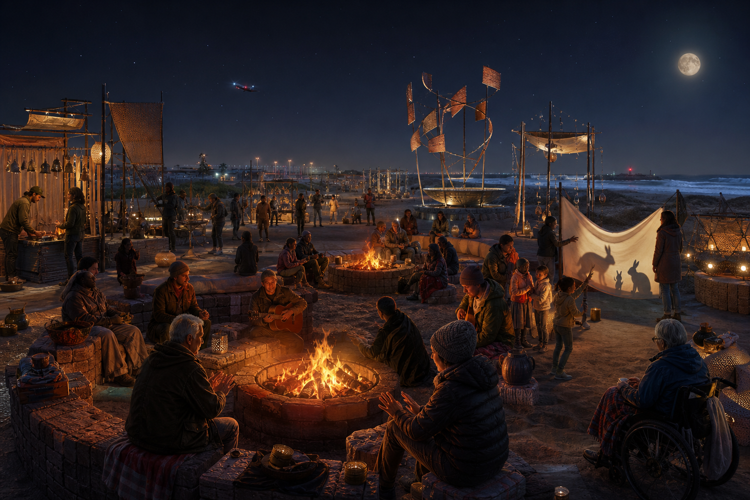 Winter night commons with supervised designated fire rings, broad stone seating, acoustic music, storytelling, shadow puppets, wheelchair access, wind sculptures, and a full moon.