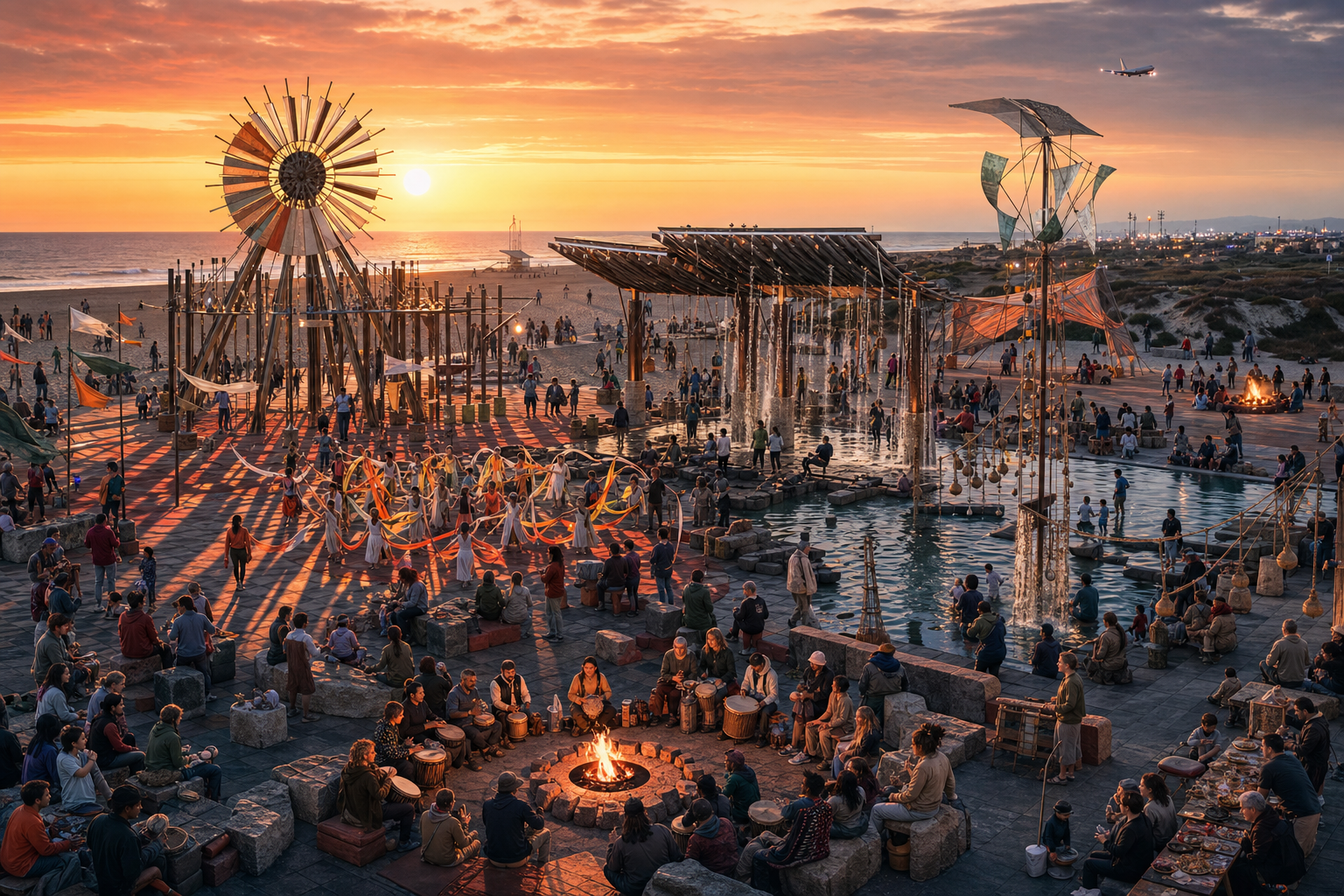Epic sunset panorama of a public sculpture commons where sun, wind, rain, water, fire, and stone installations host dancing, drumming, cooling play, shared food, and protected open dunes.
