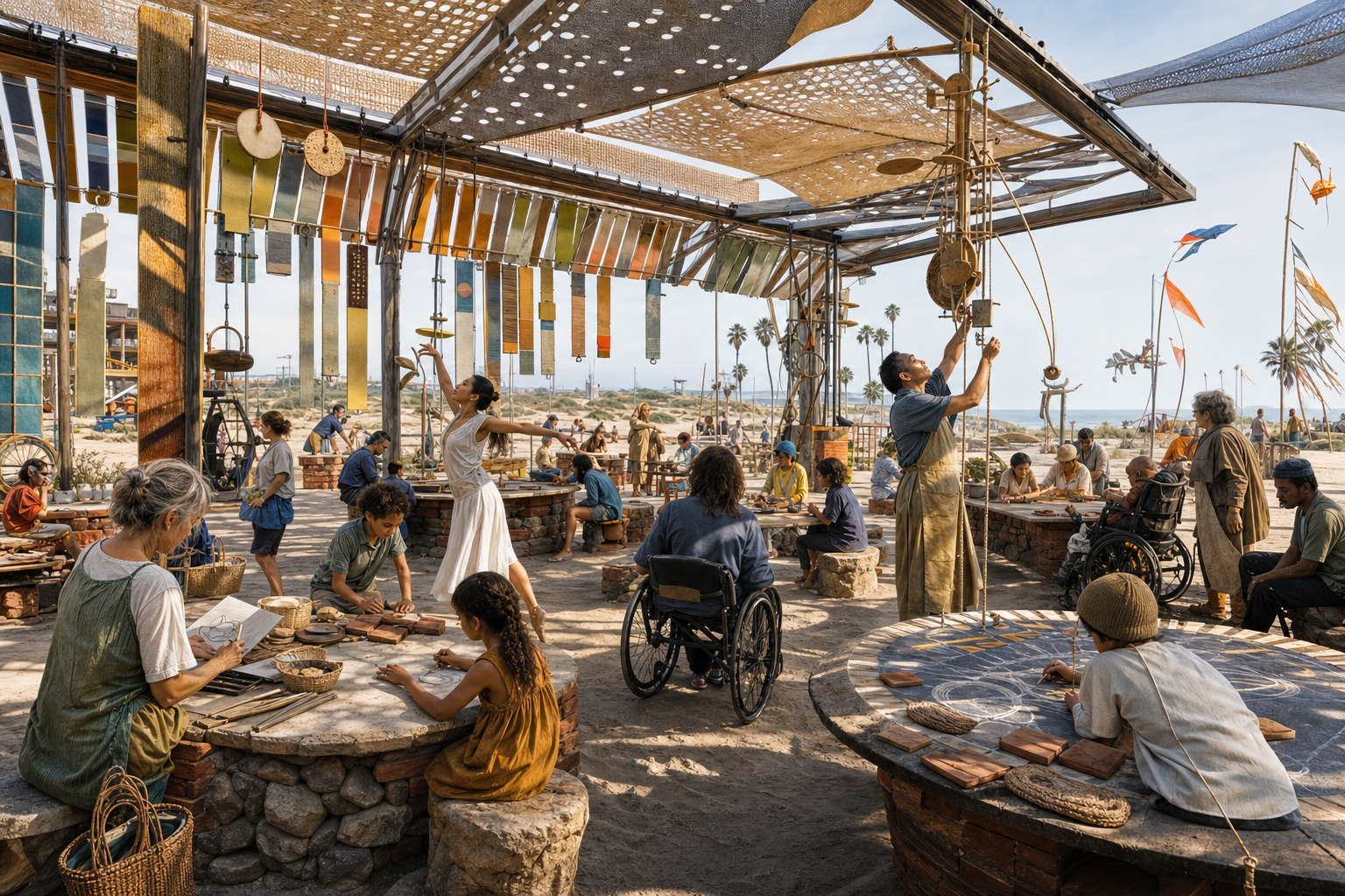 Inclusive outdoor Sun Studio with perforated woven shade, hanging ceramic color fins, stone drawing tables, accessible seating, moving shadows, and the Pacific beyond.