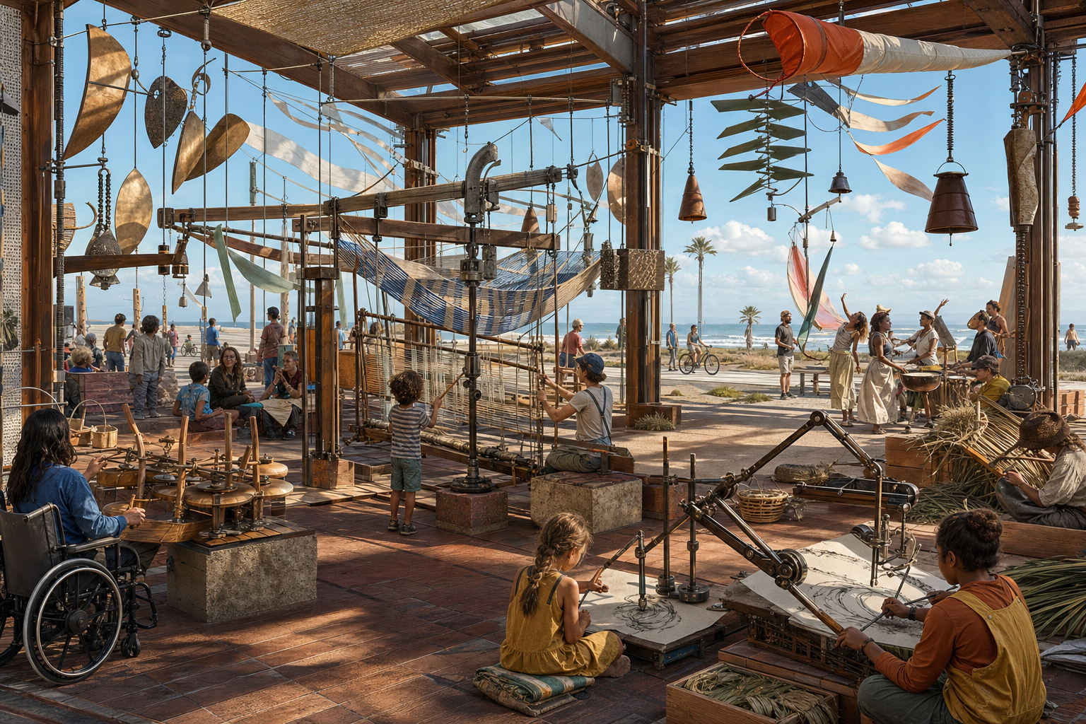 Open timber Wind Notation Hall with guarded drawing arms, a central loom, bronze bells, ribbons, windsocks, accessible workstations, palm weaving, dancers, and the ocean.