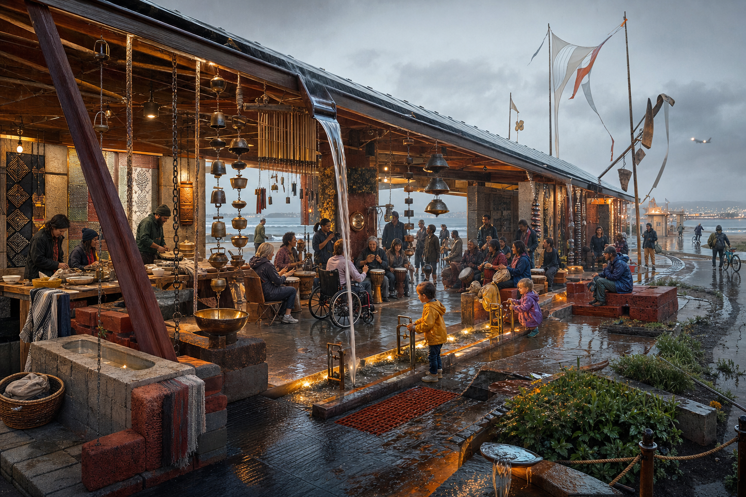 People gathered under a warm timber rain pavilion where gutters, chains, bronze cups, chimes, runnels, drums, accessible gates, and obvious drainage turn a storm into a roof choir.