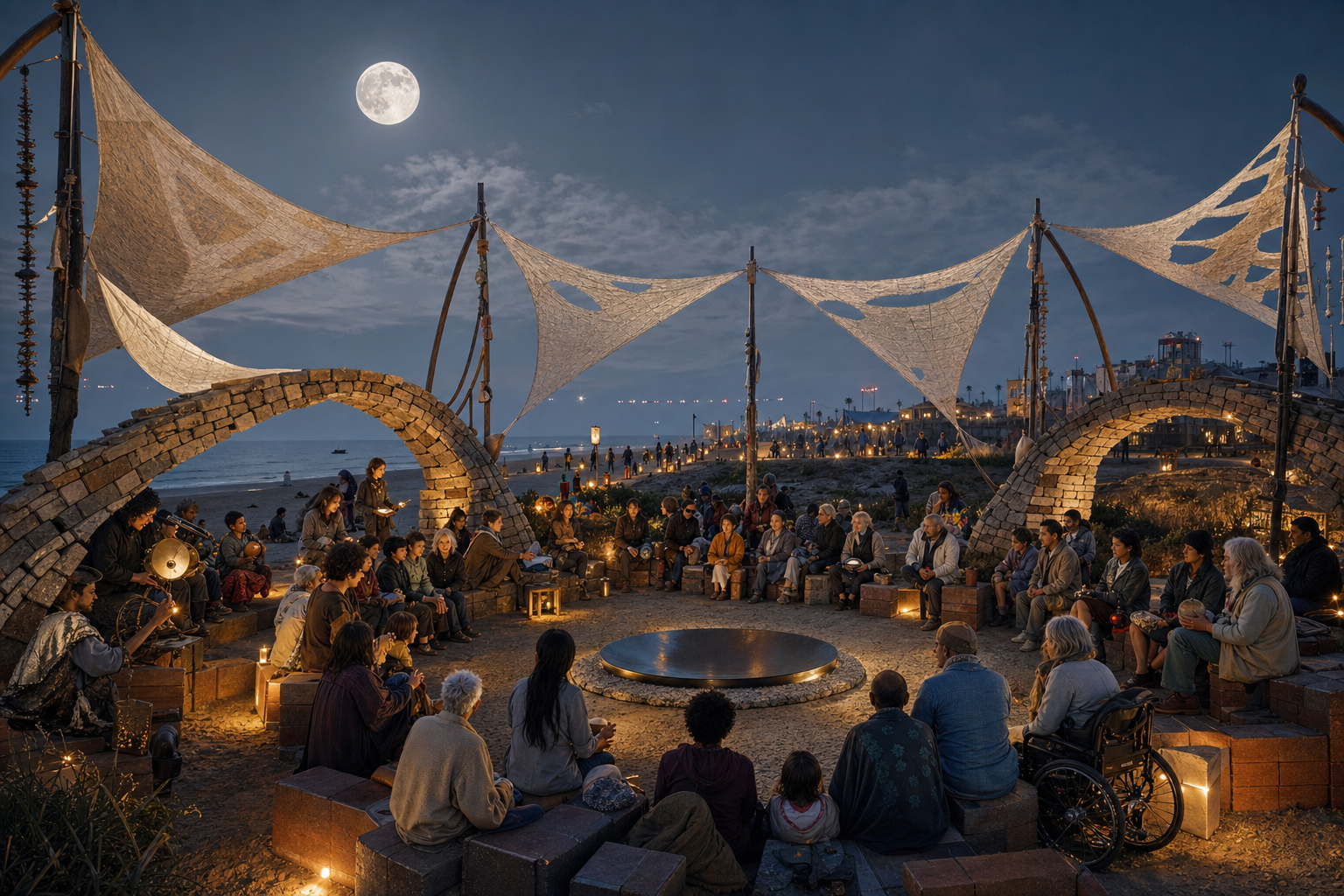Full-moon public circle beneath pale woven sails and reversible stone arches, with accessible seating, shielded amber lights, ceramic speaking objects, a shallow reflective basin, open shoreline passage, and dark habitat.