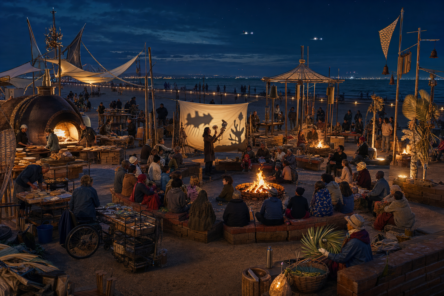Winter beach seminar around supervised designated fire rings with broad brick seating, a covered flash bakery, shadow theater, palm weaving, accessible routes, water, extinguishers, and dark ocean beyond.